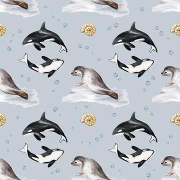 Colorful marine life pattern featuring whales and seals in a seamless design Stock Illustration