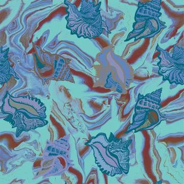 Colorful marine seamless pattern with seashell Fluid Art in blue halftones. Illustrazione stock
