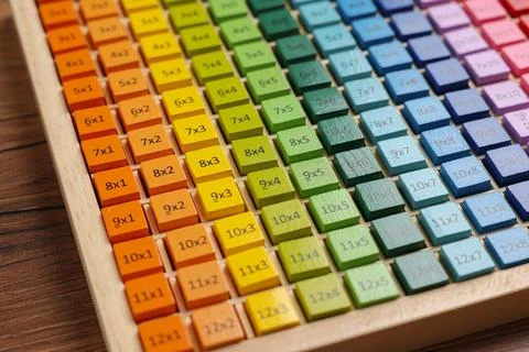 Colorful math game kit with arithmetical tasks on wooden table, closeup Stock Photos