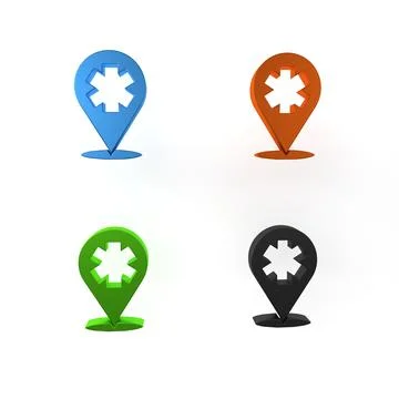 Colorful Medical map pointer with cross hospital icon isolated on white bac.. Illustrazione stock