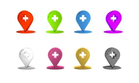 Colorful Medical map pointer with cross hospital icon isolated on white bac.. 스톡 일러스트