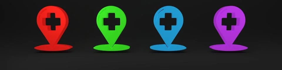 Colorful Medical map pointer with cross hospital icon isolated on black bac.. 库存插图