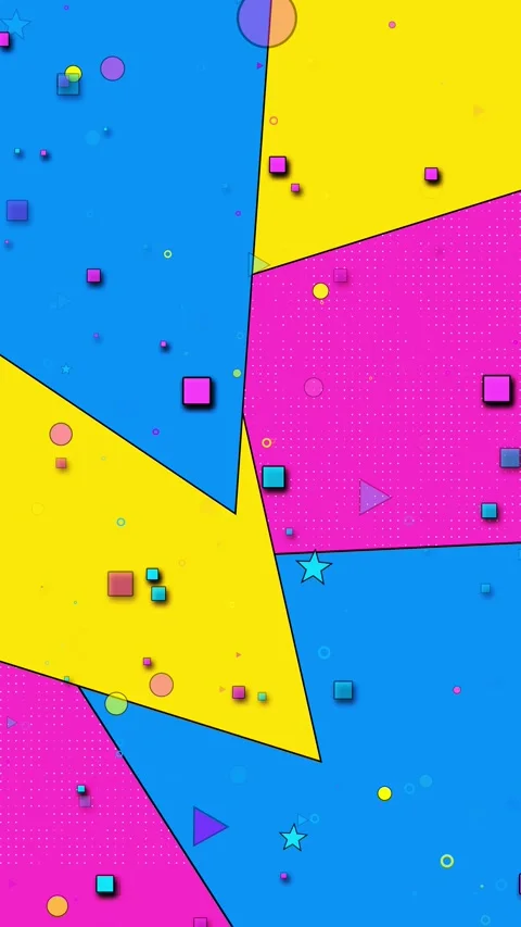 Colorful Memphis style pattern vivid triangles, blocks, circles, dots, and float Stock Footage 340402797