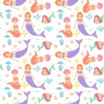 Colorful mermaid pattern with ocean elements and diverse female characters Stock Illustration