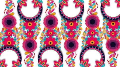Colorful Mexican Folk Art Pattern with Vibrant Flowers and Circular Frames .. Иллюстрация