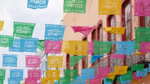 Colorful Mexican Papel Picado Flags, Authentic Fiesta Decoration Stock Footage 293134792