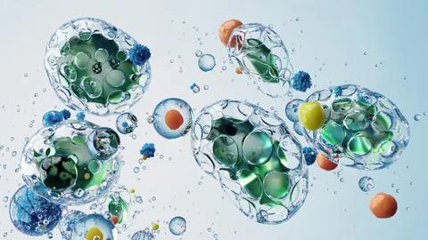 Colorful Microscope View of Vibrant Bubbles and Cells in a Liquid Medium Stock Illustration