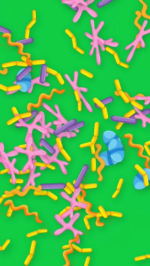 Colorful Microscopic Bacteria and Germs Falling on Green Background Stock Footage 341908119