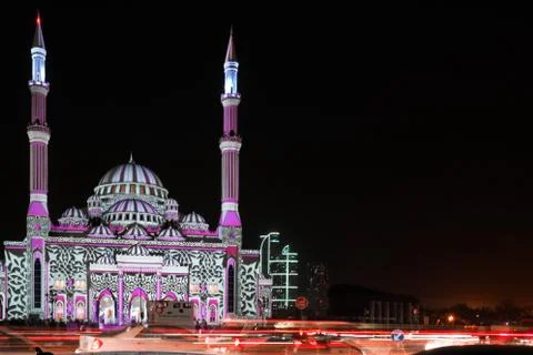 Colorful Middle Eastern patterns and drawings displayed on a mosque Stock Photos
