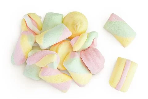 Colorful mini marshmallows isolated on white background with full depth of field Stock Photos
