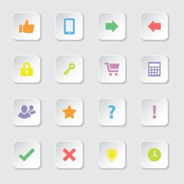 Colorful miscellaneous flat icon set on rounded rectangle button Stock Illustration