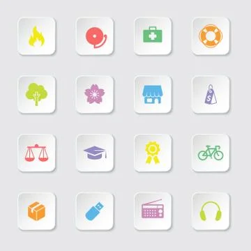 Colorful miscellaneous flat icon set on rounded rectangle button イラスト素材