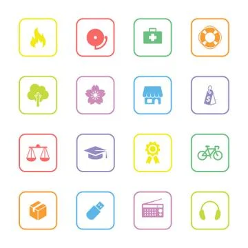 Colorful miscellaneous flat icon set with rounded rectangle frame Stock Illustration