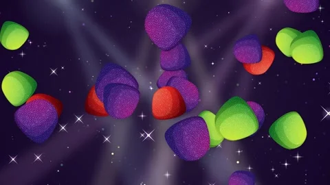 Colorful Mixed Objects Bursting Over Sparkling Purple Glitter Background Stock Footage 348124613