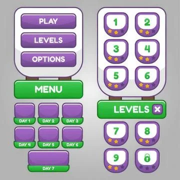 Colorful mobile game interface with buttons and level selection Stock Illustration