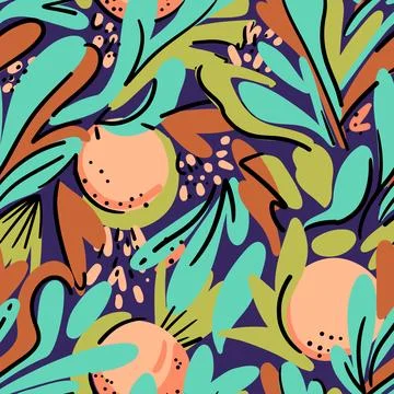 Colorful modern seamless pattern with orange fruits and abstract leaves. Illustrazione stock