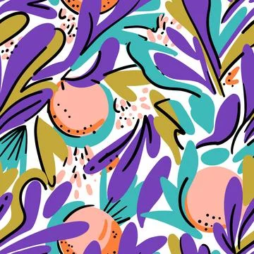 Colorful modern seamless pattern with orange fruits and abstract leaves. Illustrazione stock
