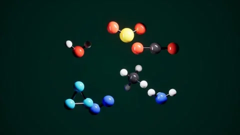 Colorful molecular models on dark background. 3d rendering Stock Footage 340566912