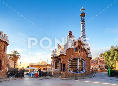 Colorful mosaic building in Park Guell Barcelona, Spain Stock Photos