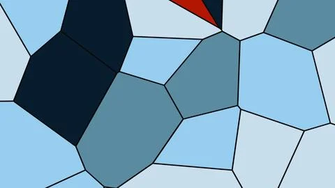 Colorful mosaic of irregular polygons in varying blue hues with a small red t 库存插图