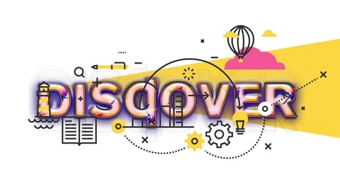 A colorful motion featuring the word 'Discover' with various icons. Stock Footage 340282404