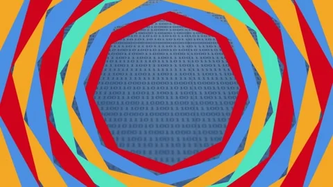 Colorful motion hexagonal banner over binary coding data processing against grey Stock Footage 330336598