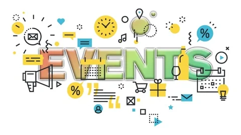 A colorful motion representing events with multiple icons and symbols. Stock Footage 340282374