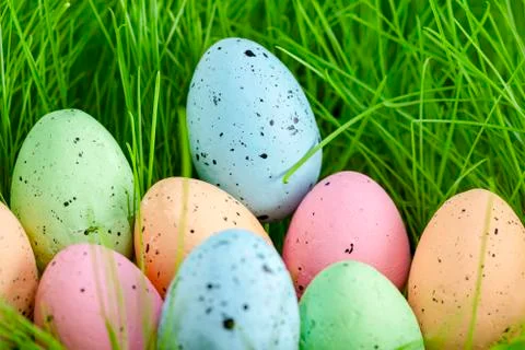 Colorful multi-colored Easter eggs lie on the green grass. Painted eggs on th Foto stock