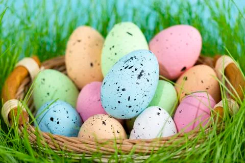 Colorful multi-colored Easter eggs lie on the green grass. Painted eggs in th Stock Photos