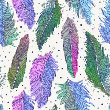 Colorful multicolored feathers seamless pattern Stock Illustration