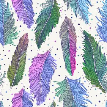 Colorful multicolored feathers seamless pattern Stockillustratie