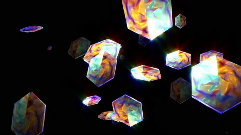 Colorful multicolored hexagonal shine prisms particles floating loop Stock Footage 152878990