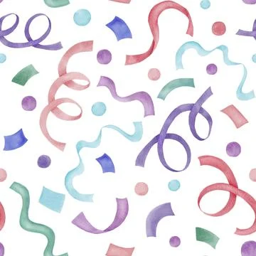 Colorful multicolored seamless pattern of confetti and party ribbons. Hand drawn Stock Illustration