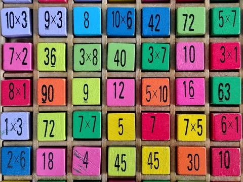 Colorful Multiplication and Math Problems Grid. Stock-Fotos
