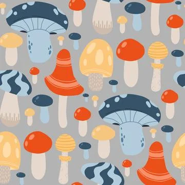 Colorful mushroom pattern featuring red, blue, and yellow fungi on a gray Stock Illustration