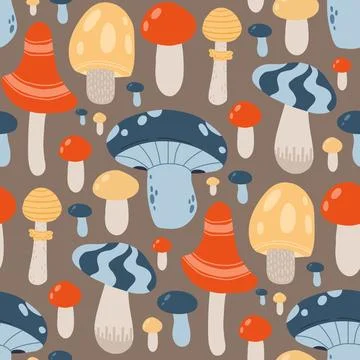 Colorful mushroom pattern featuring whimsical fungi, toadstools, and forest Illustrazione stock