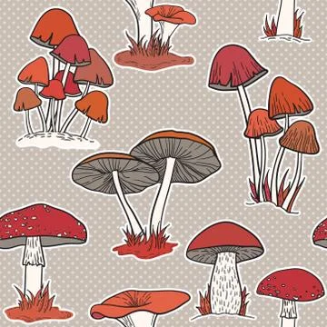 Colorful mushrooms seamless vector pattern Stock Illustration