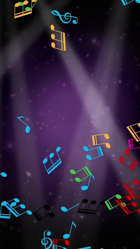 Colorful Music Notes Falling Over Purple Stage Spotlight Background Stock Footage 340968923