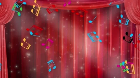Colorful Music Notes Falling Over Red Theater Stage Curtains Stock Footage 342320287