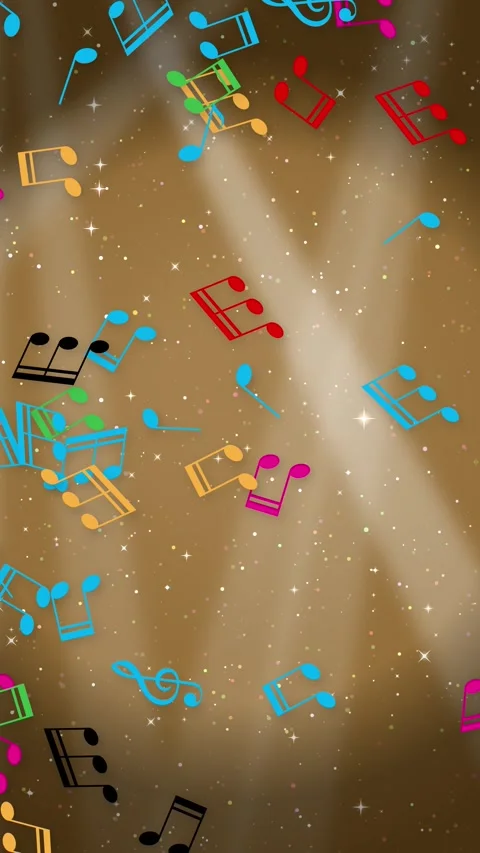 Colorful Music Notes Floating Over Glittering Gold Stage Lights Background Stock Footage 342218047