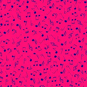 Colorful music notes seamless pattern. Blue colors simbols on pink background Stock Illustration