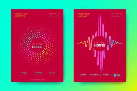 Colorful Music Placards with Waves and Distorted Rounds. Stock Illustration