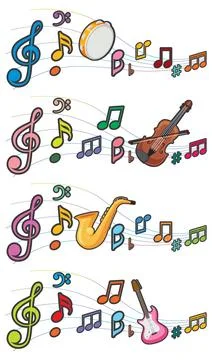 Colorful Musical Instruments with Flowing Notes Vector Set 스톡 일러스트