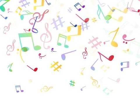 Colorful musical notes background with treble clefs and symbols floating on Stock Illustration