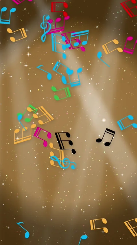 Colorful Musical Notes Falling Over Golden Glitter Stage Lights Background Stock Footage 339837093