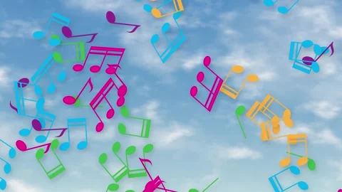 Colorful Musical Notes Falling Through a Blue Sky with Clouds Stock Footage 345799980