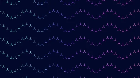 Colorful neon abstract wave pattern with rotating geometric shapes on dark Stockbeeldmateriaal 334138871