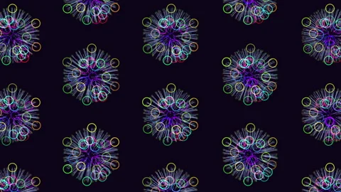 Colorful neon circular fireworks pattern on dark abstract seamless background Video stock 334139350