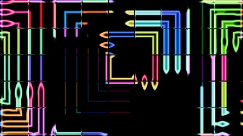 Colorful neon geometric shapes create mesmerizing patterns in a dark setting Stock Footage 296217701