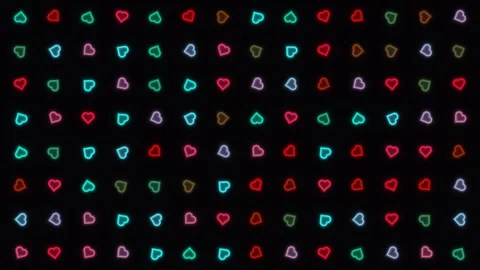 Colorful neon hearts pattern on black background Stock Footage 338195727